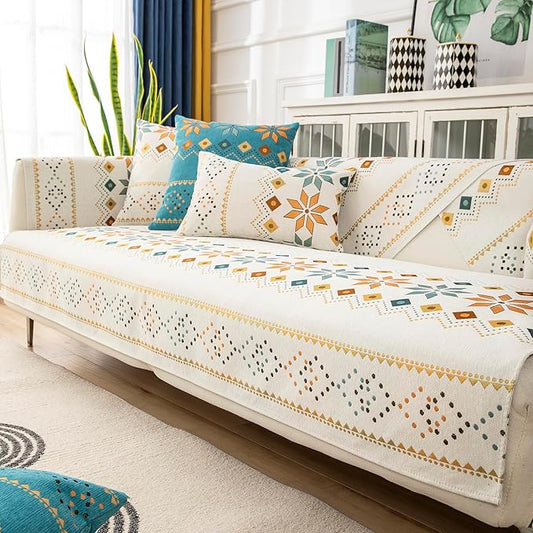 Boho Chenille Couch Covers,Geometric Couch Covers for Sofa,Chenille Couch Cover Non Slip,Sectional l Shaped Sofa Furniture Protector Cover for Home Decor,Off-White_1 Seat 35x35in/90x90cm