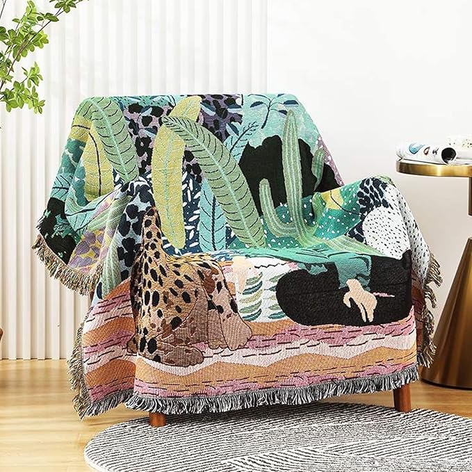 Double-Sided Cotton Woven Throw Blanket with Tassel Jungle Bohemian Style Tapestry Shawl Multi-Function Decorative Throws for Sofa Bed Armchair Camping Blanket Tablecloth Carpet 160x130cm