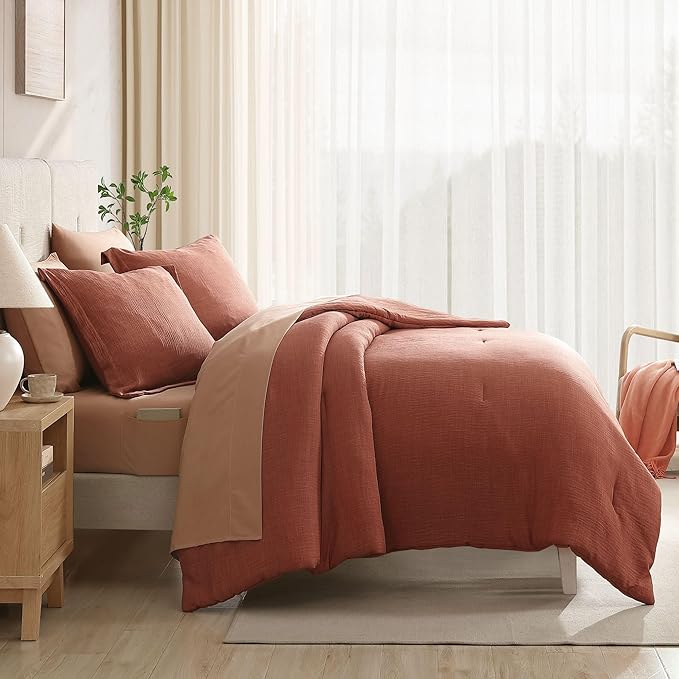 Geniospin King Size Comforter Set- 7 Pieces Terracotta Textured King Bedding Set, Soft Solid Bed in a Bag for All Seasons, Fall Comforter Set with Sheets