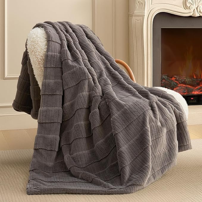 Amélie Home Luxury Striped Faux Fur Throw Blanket for Bed Queen Size, Soft Cozy Fuzzy Fluffy Plush Gift Blankets for Women, 88"x90", Charcoal Gray