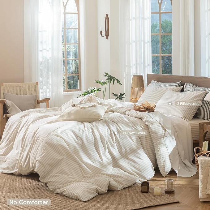MooMee Striped Duvet Cover Set 100% Washed Cotton Linen Like Textured Breathable Durable Soft Comfy (Almond Milk Grey Classic Stripes, Super King 108"x98")