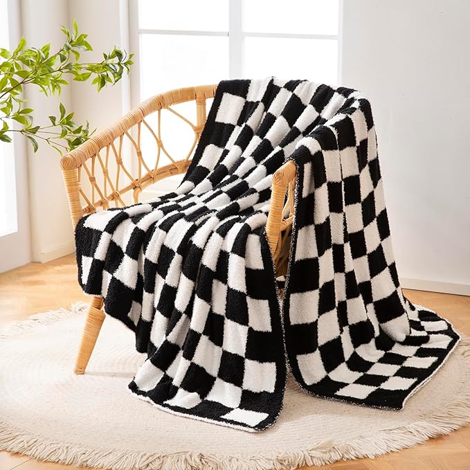 YIRUIO Throw Blankets Checkerboard Grid Chessboard Gingham Warmer Comfort Reversible Shaggy Cozy Decor for Home Bed Couch (Black, 60''x80'')