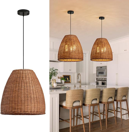 Rustic Rattan Chandelier Light Fixtures, 16.5IN Boho Hand Woven Pendant Light, 3-Lights Farmhouse Lampshade Dinning Room Hanging Lamp for Living Room Kitchen Island Hallway Bedroom Hallway