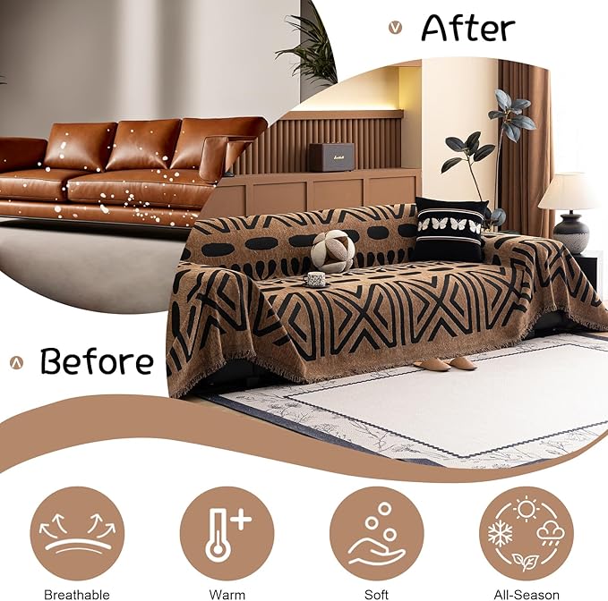 VClife Boho Couch Cover Soft Chenille Sofa Cover for Sofa Bed, 1 Piece XXL Couch Covers for 3 Cushion Couch Sofa Washable Brown Black Jacquard Pattern Sofa Protector for Living Room 71''x150''