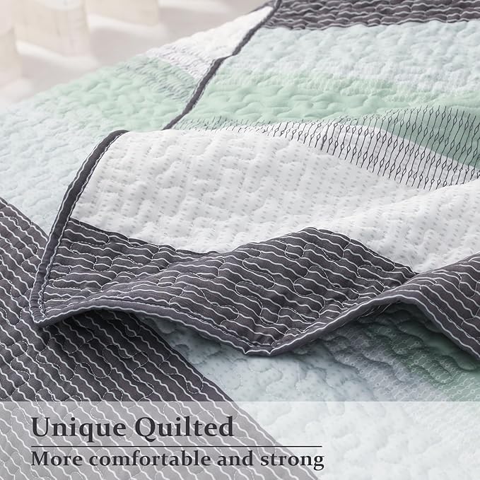 DURLENGEN Striped Quilt Set Queen Size 3Pcs, Bohemian Design with White & Mint Green & Blue & Grey Stripes, All Season Lightweight Bedspread Coverlet Sets(Queen 90x96,Mint Green)