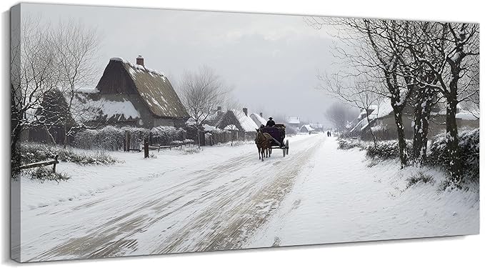 GUTTATY Christmas Winter Scene Canvas Wall Art, Countryside Snow Pictures, Rustic Wall Decor with Horse Carriage, Serene Canvas Painting for Living Room, Bedroom, Holiday Home Decor, 48x24 Inch
