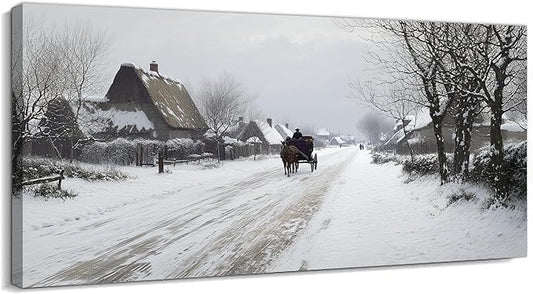 GUTTATY Christmas Winter Scene Canvas Wall Art, Countryside Snow Pictures, Rustic Wall Decor with Horse Carriage, Serene Canvas Painting for Living Room, Bedroom, Holiday Home Decor, 32x16 Inch