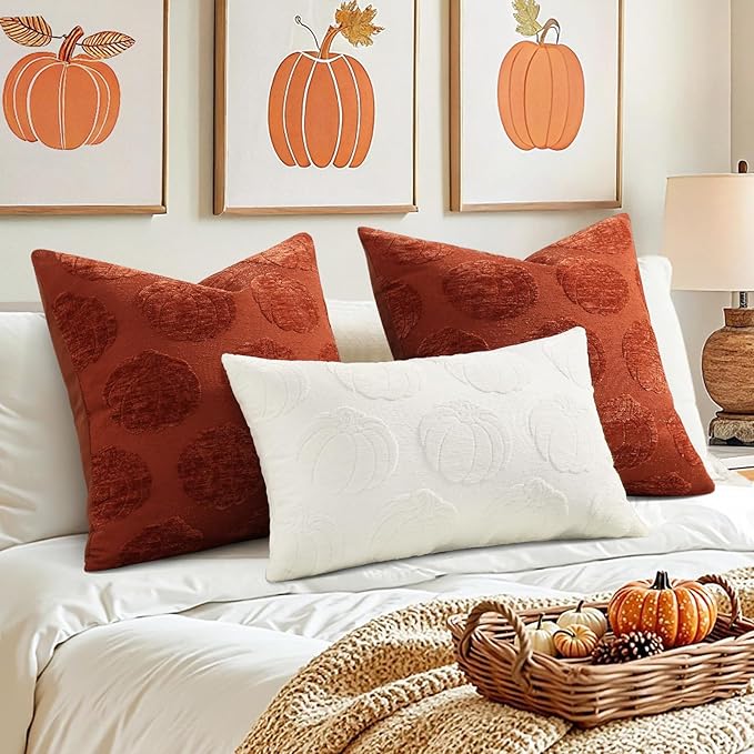 decorUhome Decorative Beige Pumpkin Thanksgiving Throw Pillow Covers 12x20 Set of 2, Soft Chenille Jacquard Farmhouse Textured Pillow Covers for Couch Bed Sofa Autumn Harvest Halloween Holiday