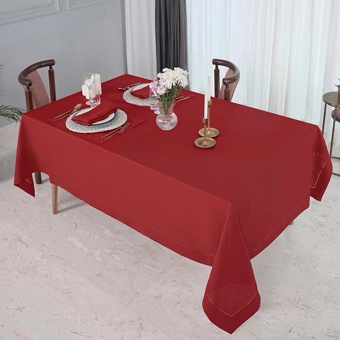 D'Moksha Homes Red Linen Tablecloth 60 x 108 Inch - 100% Pure Linen Red Table Cloth for Rectangle Tables - Classic Hemstitch, Machine Washable Tablecloth for Fall, Thanksgiving, Christmas, Holiday