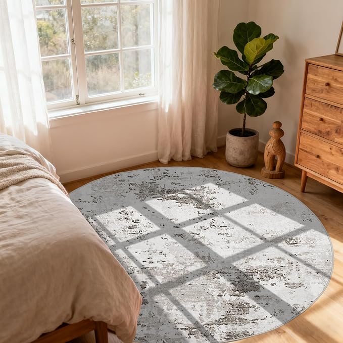 Modern Abstract 8x8 Round Area Rug Non Slip Non Shedding Rug Low Pile Stain Resistant for Bedroom Living Room Office Dining Room,Taupe/Beige