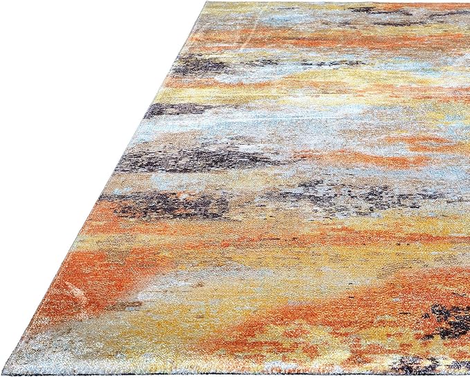 Non Slip Rugs 5x7 Modern Abstract Easy Silk Rubber Backing Soft Area Rug for Living Room Easy to Clean Non Shedding Kitchen for Bedroom Indoor Carpet (Orange - Brown, 5x7)