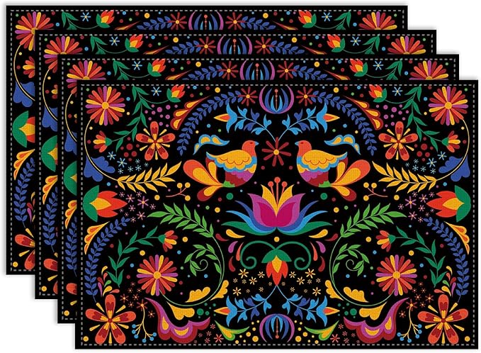 Mexican Floral Placemat Set of 6, 12x18 Inch Colorful Mexico Fiesta Birds Talavera Cinco De Mayo Dia De Los Muertos Day of The Dead Coffee Table Mats for Outdoor Kitchen Dining Table Decoration