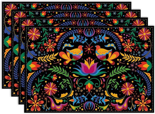 Mexican Floral Placemat Set of 4, 12x18 Inch Colorful Mexico Fiesta Birds Talavera Cinco De Mayo Dia De Los Muertos Day of The Dead Coffee Table Mats for Outdoor Kitchen Dining Table Decoration