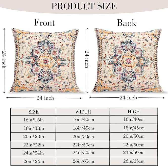 Boho Throw Pillow Covers 24x24 inch Set of 2,Boho Vintage Carpet Pattern Antique Ethnic Decor Double Sided Pattern Cushion Cover Soft Pillow Case Living Sofa Room Bed Square Pillow Cover