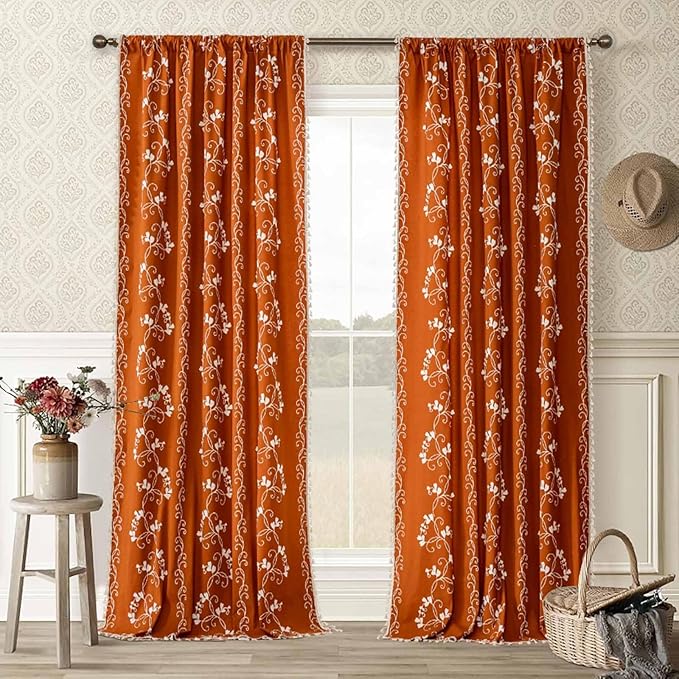 F-CHU Burnt Orange Floral Curtains Bohemian Drapes 72 Inch Length Cotton Linen Boho Window Curtain with Tassel Rod Pocket Bedroom Macrame Drapes Flower Curtains, 2 Panel 52" W x 72" L