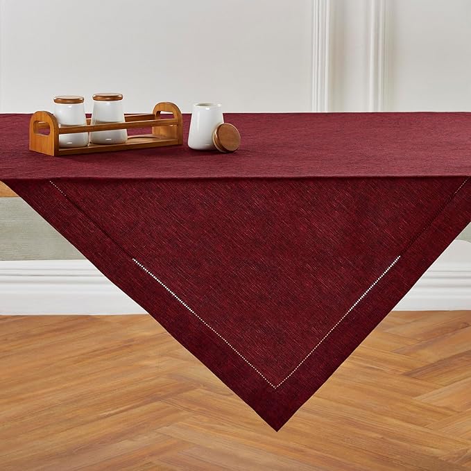 Solino Home Linen Square Tablecloth 52 x 52 Inch - 100% Pure Linen Red Garnet Table Throw - Milan Hemstitch, Machine Washable Table Cloth for Fall, Autumn, Thanksgiving, Christmas, Holiday, Winter
