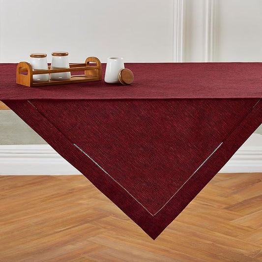 Solino Home Linen Square Tablecloth 52 x 52 Inch - 100% Pure Linen Red Garnet Table Throw - Milan Hemstitch, Machine Washable Table Cloth for Fall, Autumn, Thanksgiving, Christmas, Holiday, Winter