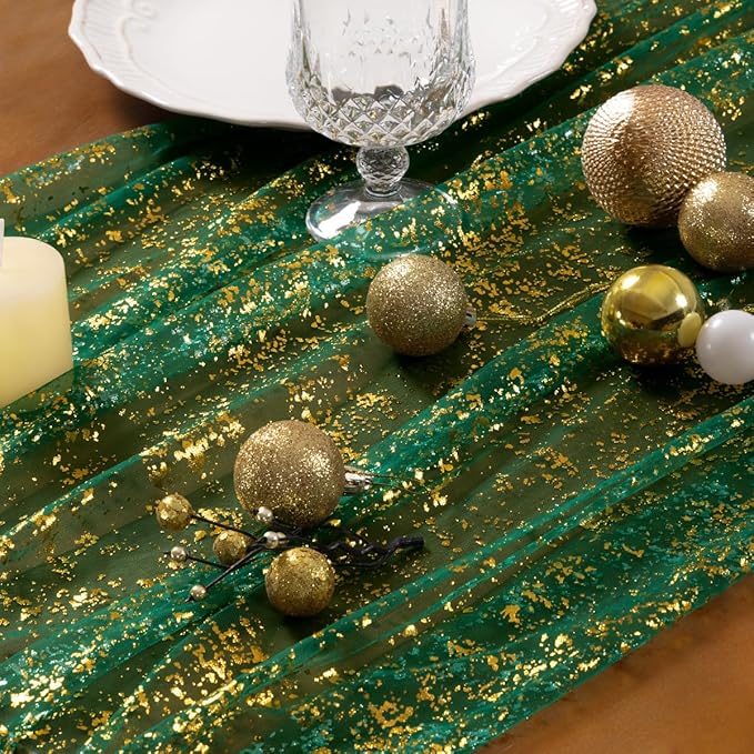 Socomi Christmas Snow Table Runner Gold Gauze Sheer Chiffon Cheesecloth Sequin 10FT Glitter Metallic Foil Dining Wedding Birthday Party Fall Winter Holiday Centerpiece Table Decor 3pcs Emerald Green