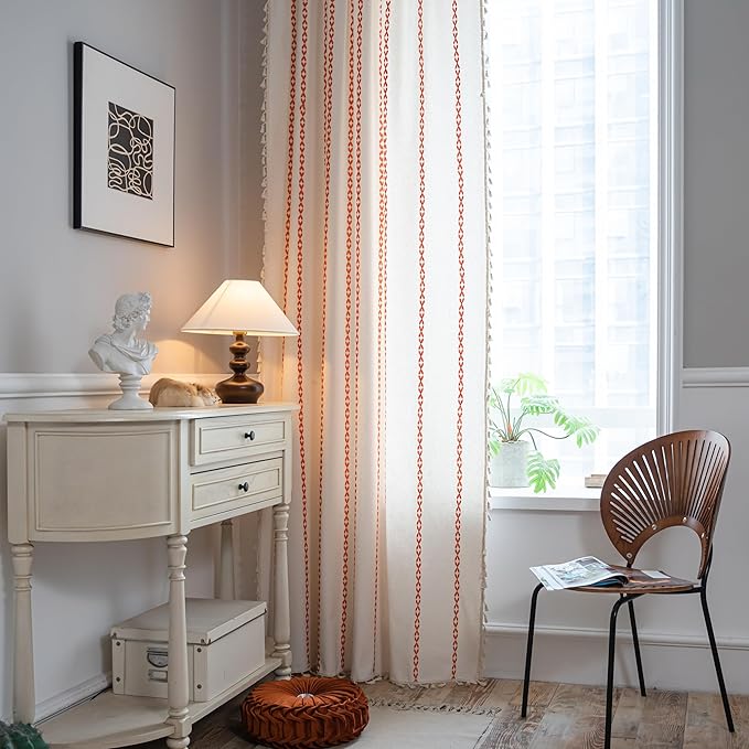 Sutuo Home Boho Curtains for Bedroom Living Room 108 Inches Long, Bohemian Drape, Privacy Country Semi Blackout Farmhouse for Halloween Decor Rod Pocket, 1 Panel W52 x L108 White and Orange