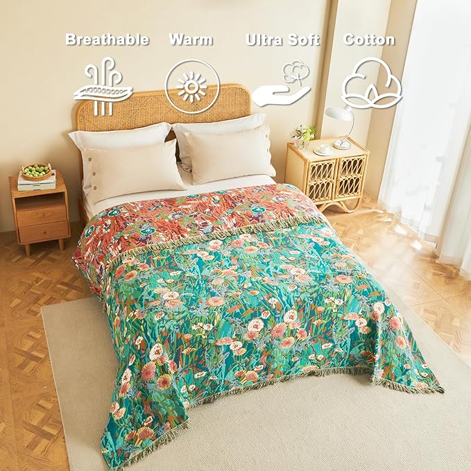 Boho Throw Blanket for Bed Cotton Blankets Twin Size for Bedroom Living Room All Season Lightweight Floral Embroidery Quilt for Couch Sofa Chair 60"x80"