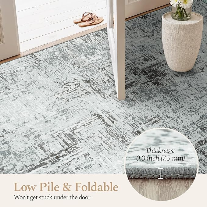 Rugflix 8x10 Washable Area Rugs, Neutral Boho Carpet Living Room Rug Non Slip Stain Resistant, Large Area Rug for Indoor Bedroom Dining Room Office, Blue/Grey
