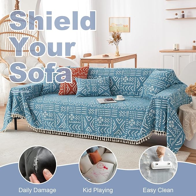 VClife Bohemian Couch Cover Sectional Sofa Cover Washable for L Shape Sofa, 1 PC Soft Chenille Couch Cover for 2 Cushion Couch - Boho Blue White Jacquard Loveseat Slipcover for Couch Bed, 71" x 118"