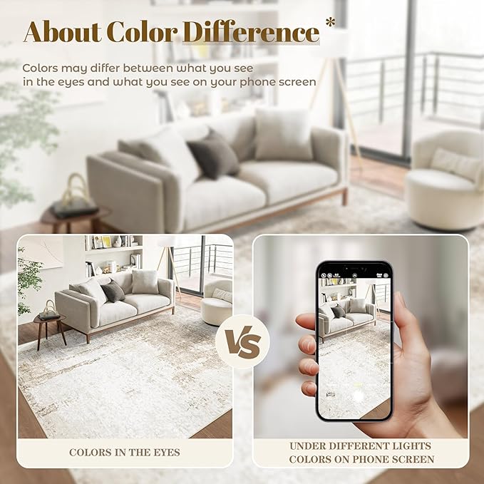 9x12 Area Rugs Washable Rug, Soft Modern Abstract Rugs for Living Room Large Low Pile Thin Rug Non Slip Indoor Neutral Carpet for Bedroom Dining Room Farmhouse Office Kids Playroom Beige