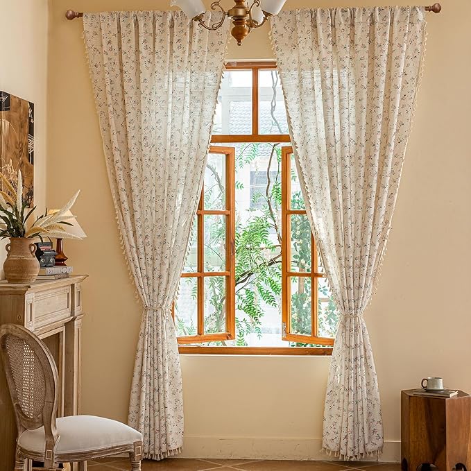 OYX Boho Floral Curtains 96 Inch Length 2 Panels for Living Room, Bedroom Light Filtering Drapes, Farmhouse Vintage Country French Rustic Tassels Pattern Rod Pocket Aesthetic Decor Window Treatments