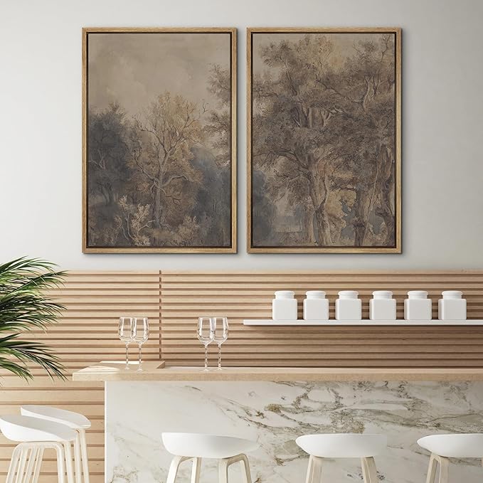 SIGNWIN Framed Canvas Print Wall Art Set Vintage Tree Sketch Classic Sepia-Toned Forest Illustrations Modern Art Scenic Colorful for Living Room, Bedroom, Office - 24"x36"x2 Natural