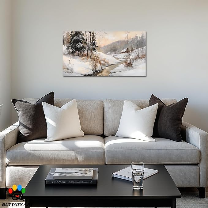GUTTATY Christmas Winter Scene Canvas Wall Art, Snowy Landscape Wall Painting, Tranquil River Cabin Canvas Prints, Winter Poster Wall Decor for Living Room, Bedroom, Holiday Home, 16x8 Inch