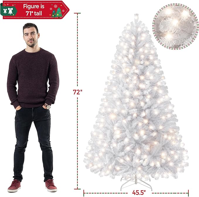 Yaheetech 6ft Pre-lit Spruce Artificial Hinged Christmas Pine Tree Prelighted Holiday Xmas Tree for Home Party Decoration with 300 Warm White Lights and 818 Branch Tips, White
