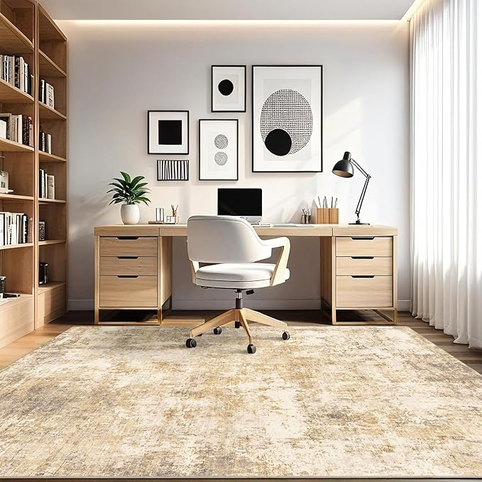 5x7 Modern Abstract Rug Washable Area Rugs for Living Room Bedroom Dining Room Non-Slip Low Pile Neutral Large Rug Soft Indoor Floor Carpet, Gold