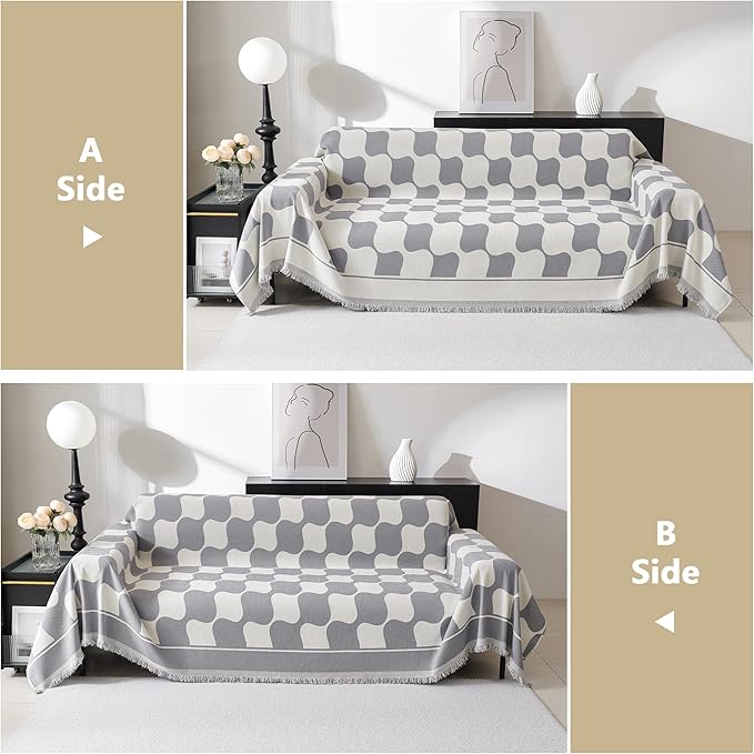 MEETSKY Couch Cover Sofa Covers for 3 Cushion Couch, Sofa Throw Cover Washable Sectional Sofa Slipcovers, Thick Soft Fabric Chenille Modern Style for Living Room, 71" x 134", Grey Checkerboard