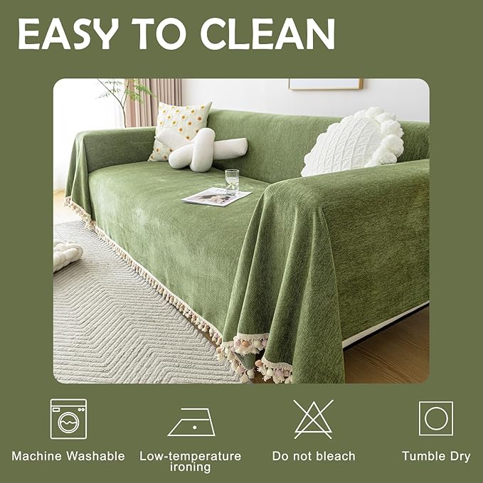 HANDONTIME Christmas Green Sofa Cover Vintage Couch Cover for Dogs 71" X118" Couch Cushion Covers with Tassel Sofa Cover Boho Sofa Covers for 3 Cushion Couch Chenille Soft Loveseat Sofa Covers