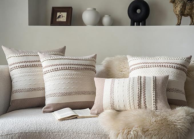 Boho Throw Pillow Covers 12x20 Inch Set of 2, Khaki Textured Decorative Couch Pillow Cases for Farmhouse Home Decor, Accent Cushion Cover for Sofa, Bed, Living Room, Bedroom