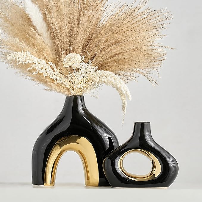 AWNR Black Vase Gold Decor: Set of 2 Ceramic Donut Vase for Home Decor Boho Rustic Vases for Flowers Unique Flower Vase for Living Room Bedroom Mantel Office Shelf Centerpiece Table Decorations
