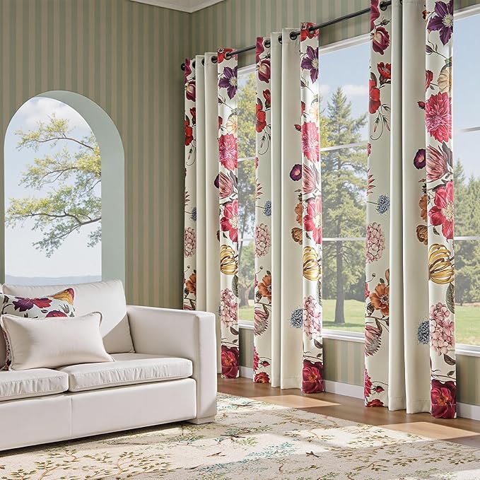 jinchan Hannah Floral Blackout Curtains with Retro Vintage Flower Print Drapes for Bedroom Living Room Fall Decor Winter Window Curtains Room Darkening 96 Inches Length 2 Panels with Grommet Eggshell