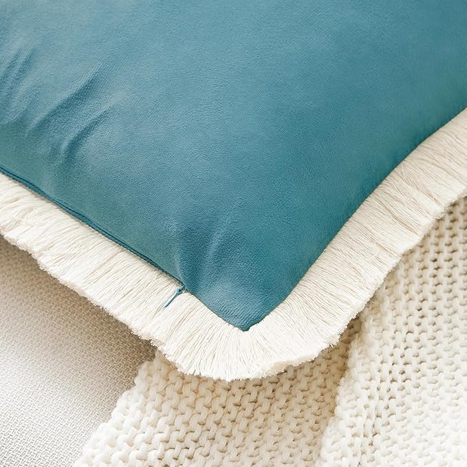 MONDAY MOOSE Decorative Throw Pillow Covers Cushion Cases, Set of 2 Soft Velvet Modern Fringe Tassel Designs, Mix and Match for Home Decor, Pillow Inserts Not Included (Teal Blue, 16x16 inch)