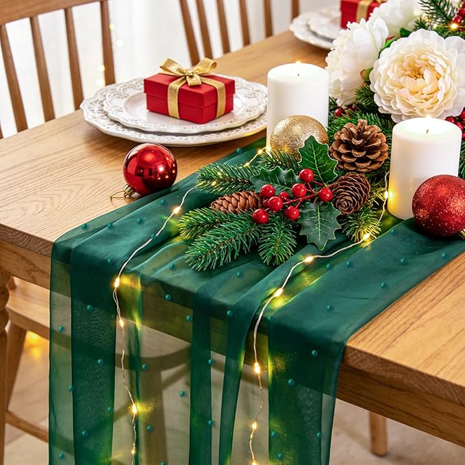 WELTRXE Pearl Table Runner 30 x 120 Inch 10 FT Long, Green Gauze Table Runners, Rustic Boho for Wedding Arch Birthday Party Bridal Veil Baby Shower Decorations