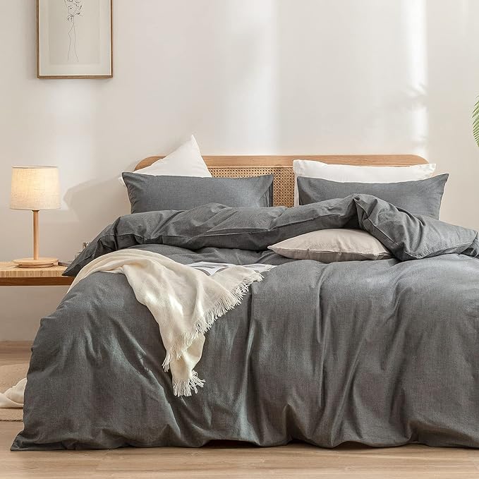 BESTOUCH Duvet Cover Set 100% Washed Cotton Linen Feel Super Soft Comfortable Chic Lightweight 3 PCs Home Bedding Set Solid Dark Grey Super Queen