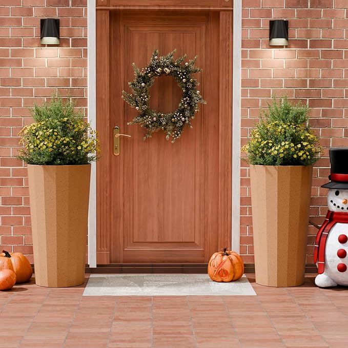 2PCS Tall Planters for Outdoor Plants, 23.6 Inches Large Outdoor Conical Flower Pots for Porch with Drainage Holes and Drainage Baffle, Tapered Large Planters for Garden, Balcony Clay Color