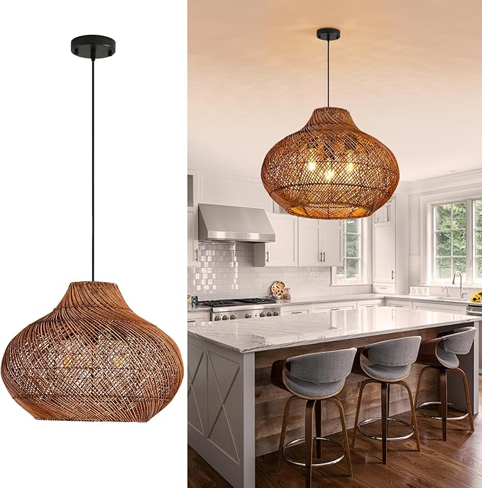 Boho Rattan Pendant Lights 18.9IN Hand-Woven Wicker Chandelier Rattan Basket Ceiling Hanging Light Fixtures for Dining Room Kitchen Island Living Room Entry Hallway Reataurant