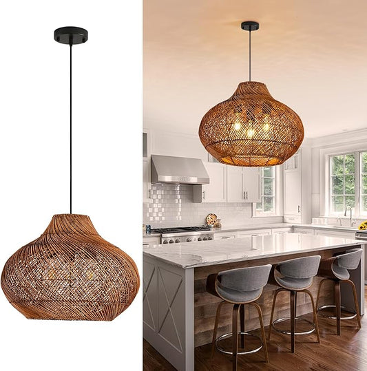 Boho Rattan Pendant Lights 18.9IN Hand-Woven Wicker Chandelier Rattan Basket Ceiling Hanging Light Fixtures for Dining Room Kitchen Island Living Room Entry Hallway Reataurant