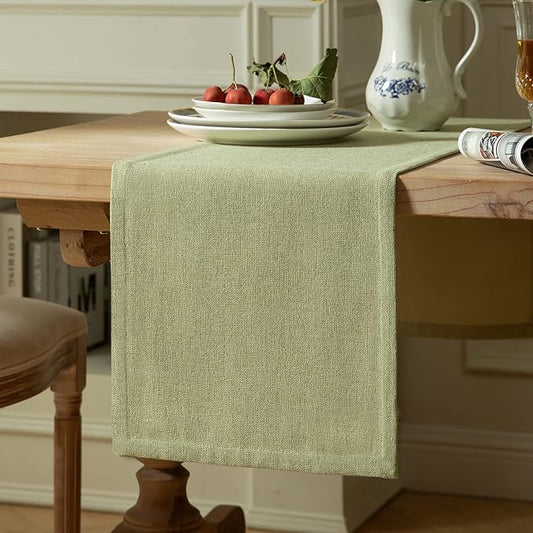 ZeeMart Burlap Style Farmhouse Table Runners 36 Inches Long, Sage Green Rustic Woven Dining Table Runner for Everyday Use, 14x36 Inches, Light Sage Green