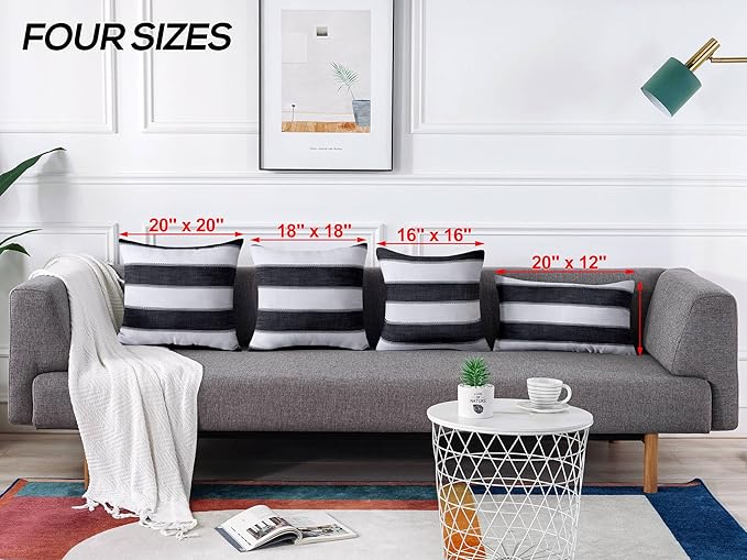 AmHoo Pack of 2 Farmhouse Stripe Check Throw Pillow Covers Set Case Cotton Linen Decorative Pillowcases Cushion Cover for Couch Bench Sofa 18x18Inch Black