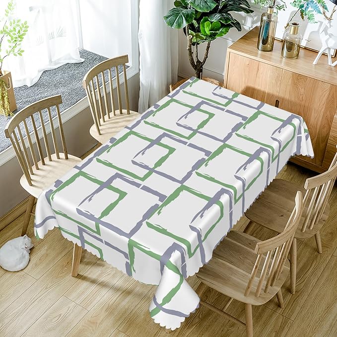 70x108inches Mid Century Rectangle Table Cloth Green and Grey Geometric Modern Tablecloth Oilproof Spillproof Washable Fabric Table Cover for Kitchen Dining Room Indoor Outdoor Party Decor