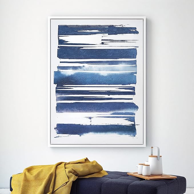 Empire Art Direct Abstract Wall Art Textured Hand Painted Canvas by Martin Edwards, White Frame, 40" x 30", Cobalt Streaks 1
