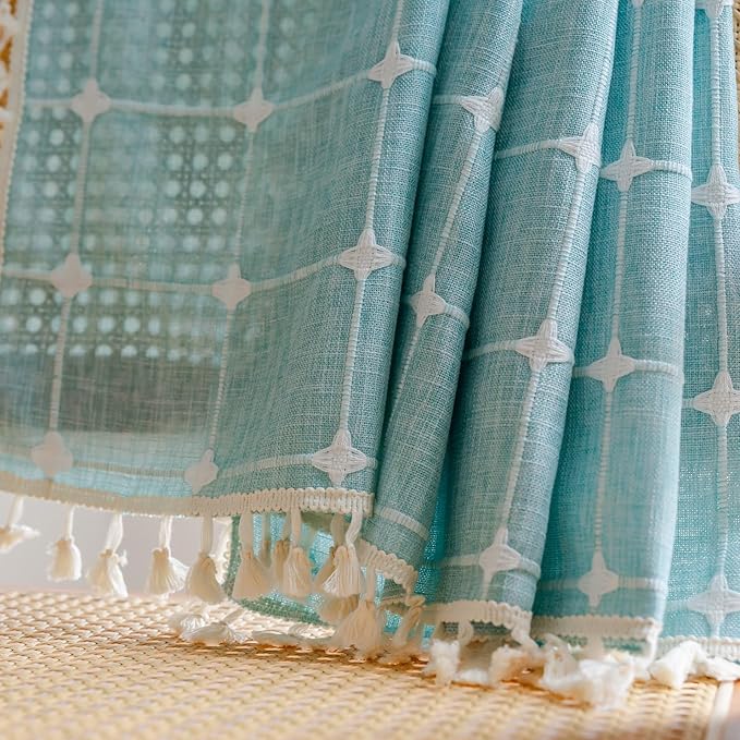 Sutuo Home Boho Curtains 72 Inches Long for Kitchen Nursery, Bohemian Embroidery Drape Light Filtering Linen Plaids Farmhouse Tassels Window Treatment,Rod Pocket 1 Panel 52" W x 72" L, Aqua Blue