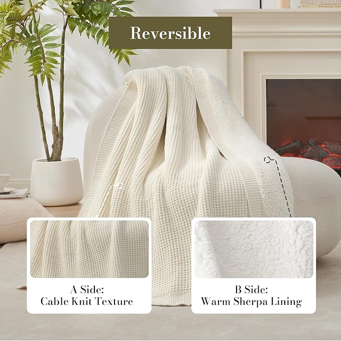 Amélie Home Reversible Waffle Weave Throw Blanket, Chenille Knit with Warm Sherpa, Soft Cozy Blanket for Bed, 60"x80", Ivory