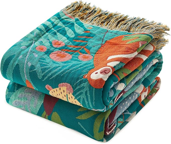 Throw Blanket for Bed Couch Sofa Soft Cotton Twin Blankets for Bedroom Living Room All Season Reversible Forest Animals Quilt Whimsical Home Decor 60"x80"